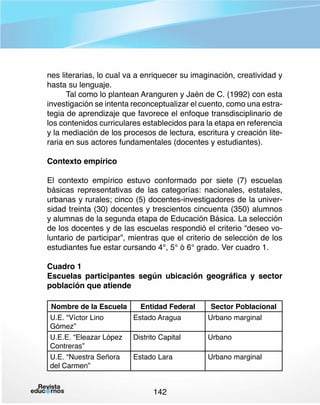 nes literarias, lo cual va a enriquecer su imaginación, creatividad y
hasta su lenguaje.
Tal como lo plantean Aranguren y Jaén de C. (1992) con esta
investigación se intenta reconceptualizar el cuento, como una estrategia de aprendizaje que favorece el enfoque transdisciplinario de
los contenidos curriculares establecidos para la etapa en referencia
y la mediación de los procesos de lectura, escritura y creación literaria en sus actores fundamentales (docentes y estudiantes).
Contexto empírico
El contexto empírico estuvo conformado por siete (7) escuelas
básicas representativas de las categorías: nacionales, estatales,
urbanas y rurales; cinco (5) docentes-investigadores de la universidad treinta (30) docentes y trescientos cincuenta (350) alumnos
y alumnas de la segunda etapa de Educación Básica. La selección
de los docentes y de las escuelas respondió el criterio “deseo voluntario de participar”, mientras que el criterio de selección de los
estudiantes fue estar cursando 4°, 5° ó 6° grado. Ver cuadro 1.
Cuadro 1
Escuelas participantes según ubicación geográfica y sector
población que atiende
Nombre de la Escuela
Entidad Federal
U.E. “Víctor Lino
Estado Aragua
Gómez”
U.E.E. “Eleazar López Distrito Capital
Contreras”
U.E. “Nuestra Señora
Estado Lara
del Carmen”

142

Sector Poblacional
Urbano marginal
Urbano
Urbano marginal

 
