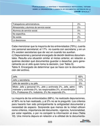 “Fortaleciendo la identidad y transparencia institucional: estudio
sobre la organización y consulta de documentos históricos en la

UNAM- Iztacala.”

Trabajadores administrativos.

2%

Alumnos de servicio social.

5%

Almacenista y alumnos de servicio social.
No especifica.

2%
7%

No existe.

2%

Lo desconoce.

2%

Cabe mencionar que la mayoría de los entrevistados (79%), cuenta
con personal secretarial; el 17% no cuenta con secretaria; y en un
2% existen secretarias que de vez en cuando los auxilian.
c) Depuraciones y personal encargado de decidir destinos documentales. Resulta una situación similar al iniciso anterior, en relación a
quiénes deciden qué documentos guardar o desechar, pero generalmente es el Jefe quien toma la decisión, (ver Tabla 9).
Tabla 9. Encargado de determinar que se hace con la documentación del archivo.
Jefe.
Jefe y secretaria.
Jefe de sección y su jefe.
Mixto: Jefe y personal 5%, Jefe y archivista 2%, Jefe, administrador y archivista 2%, los responsables 2%, el coordinador
2%, Profesores 2%, Indistinto, 2% No respondió 2%.

65%
11%
5%
19%

La mayoría de los entrevistados (68%), ha realizado depuraciones,
el 30% no la han realizado, y al 2% no se le preguntó. Los criterios
para hacerlo han sido principalmente la antigüedad documental y
necesidad de espacio. Sorprende que menos de la mitad utilicen
como criterios, importancia del documento, vigencia, funcionalidad,
por estar repetida, o por no competir la información al área (Tabla
10). Una minoría depura en relación a la utilidad de la documenta223

 