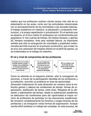 109
La colegiación como cultura, un proceso que se construye.
Escuela Normal Superior de Jalisco 2002-2008
implica que los profesores realicen ciertas tareas más allá de su
desempeño en las aulas, como son las actividades relacionadas
con el acompañamiento de los normalistas a las escuelas básicas,
el trabajo académico en colectivo, la planeación y evaluación insti-
tucional, y la propia capacitación y actualización. En el periodo que
se observa, en la Ensj había 31 profesores con nombramientos por
asignatura; 9, tres cuartos de tiempo; 23 medios tiempos; y apenas
20, tiempos completos. Ante esta realidad laboral, es importante
señalar que sólo la conjugación de voluntades y propósitos institu-
cionales permitió avanzar en el proceso constructivo, que si bien no
se tuvo una valoración del impacto directo en el perfil de egreso, ya
se evidenciaba en el trabajo en colectivo.
El rol y nivel de compromiso de los profesores
Como se advierte en el esquema anterior, sólo la conjugación de
acciones, a través de la participación decidida de los profesores y
la institución, convirtió un problema en área de oportunidad.
Dimensión institucional. En esta dimensión se muestra cómo la ins-
titución generó y adecuó las condiciones de tiempo, formas de or-
ganización, distribución de tareas, entre otras. Respecto de la utili-
zación y optimización del tiempo, desde la subdirección académica
se adecuaron las condiciones para dar oportunidad al mayor nú-
mero de profesores de participar en las discusiones académicas.
Se revisaron cuidadosamente los horarios y cargas horarias de los
profesores y se ensayaron varias formas de organización. Aunque
resulta difícil sintetizar un trabajo tan complejo, en este proceso, de
Cumplen con sus cargas
horarias frente a grupo y
asisten a las academias
en tiempos reducidos.
Apenas un 20% asume el
compromiso.
Se van integrando
gradualmente a las
reuniones de aca-
demia con compromi-
sos específicos.
Aparecen liderazgos.
90% se integra a las
reuniones de aca-
demia y 30% impulsa
la autogestión.
 