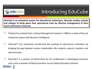 Introducing EduCube
EduCube is an enterprise system for Educational Institutions. Educube enables schools
and colleges to bring down their operational costs by effective management of their
assets and human resources.
EduCube is an enterprise system for Educational Institutions. Educube enables schools
and colleges to bring down their operational costs by effective management of their
assets and human resources.
 Product has evolved from a School Management System in 2006 to a state-of-the-art
enterprise system with Business Intelligence
 EduCube™ has seamlessly transformed the working of educational institutions by
bridging the gap between various stakeholders like students, parents, teachers and
administrators
 EduCube™ is a partner of World Bank for ICT enablement in Developing Countries
and is also a member of World Economic Forum Global Education Initiative
 