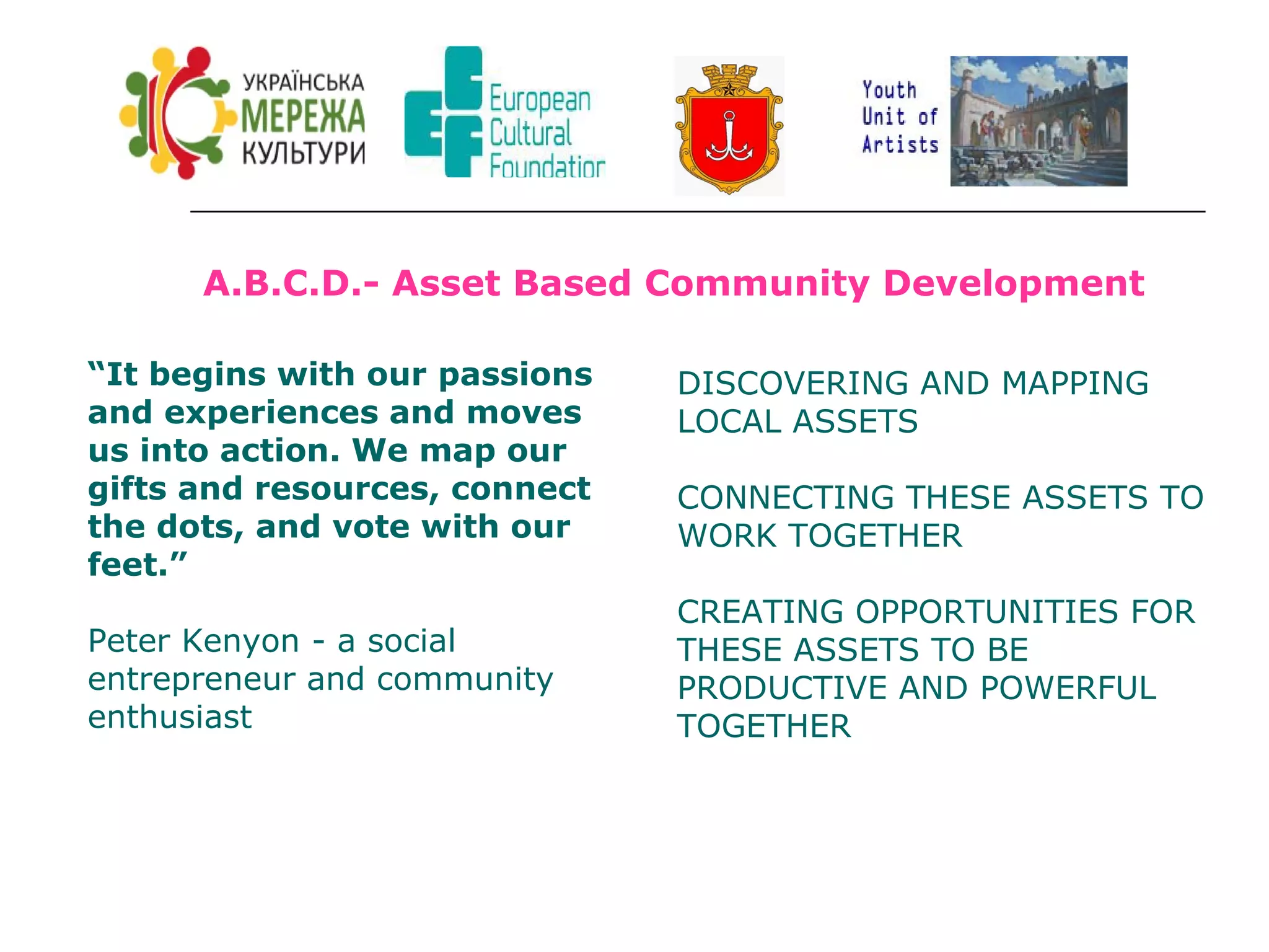 A.B.C.D.- Asset Based Community Development
“It begins with our passions
and experiences and moves
us into action. We map our
gifts and resources, connect
the dots, and vote with our
feet.”
Peter Kenyon - a social
entrepreneur and community
enthusiast

DISCOVERING AND MAPPING
LOCAL ASSETS
CONNECTING THESE ASSETS TO
WORK TOGETHER
CREATING OPPORTUNITIES FOR
THESE ASSETS TO BE
PRODUCTIVE AND POWERFUL
TOGETHER

 