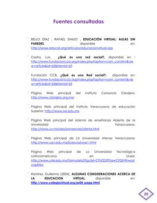 Fuentes consultadas


BELLO DÍAZ , RAFAEL EMILIO , EDUCACIÓN VIRTUAL: AULAS SIN
PAREDES,                       disponible             en:
http://www.educar.org/articulos/educacionvirtual.asp


Castro, Luis,    ¿Qué es una red social?, disponible en :
http://www.fundacionccb.org/index.php?option=com_content&vie
w=article&id=63&Itemid=63


Fundación CCB, ¿Qué es una Red social?,         disponible en:
http://www.fundacionccb.org/index.php?option=com_content&vie
w=article&id=63&Itemid=63


Página   Web      principal  del   Instituto   Consorcio   Clavijero:
http://www.clavijero.org.mx/


Página Web principal del Instituto Veracruzano de educación
Superior: http://www.ive.edu.mx


Página Web principal del sistema de enseñanza Abierta de la
Universidad                                    Veracruzana:
http://www.uv.mx/sea/zonaacad/oferta.html


Página Web principal de La Universidad Atenas Veracruzana:
http://www.uav.edu.mx/licenciaturas1.html


Página   Web      principal de     La    Universidad Tecnológica
Latinoamericana                       en                   Línea:
http://www.utel.edu.mx/formulario2?gclid=CPzf252P5awCFQh9hwod
cnpSNw


Ramírez, Guillermo (2004), ALGUNAS CONSIDERACIONES ACERCA DE
LA       EDUCACION          VIRTUAL,     disponible      en:
http://www.colegiovirtual.org/pr04_page.html


                                                                        20
 