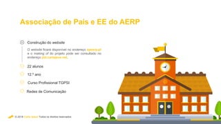 © 2018 Carla Jesus Todos os direitos reservados
Associação de Pais e EE do AERP
Construção do website
O website ficará disponível no endereço apearp.pt
e o making of do projeto pode ser consultado no
endereço pbl.carlajeus.net.
22 alunos
12.º ano
Curso Profissional TGPSI
Redes de Comunicação
 