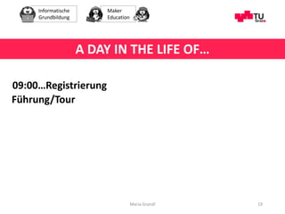 Informatische
Grundbildung
Maker
Education
Maria Grandl 19
A DAY IN THE LIFE OF…
09:00…Registrierung
Führung/Tour
 