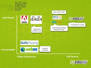 Focus: USA + India


web-based

                                                                                      First Mover in Europe
                                                          acquired by Camelback
                               acquired by                   Education Group
                             salesforce.com




                                               acquired
Pre-installed                                 netviewer



                Video-Conference                                                  Full-Service
 