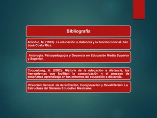 Bibliografía
Arnobio, M. (1993). La educación a distancia y la función tutorial. San
José Costa Rica.
Antología. Psicopedagogía y Docencia en Educación Media Superior
y Superior.
Cooperberg, A. (2002). Historia de la educación a distancia, las
herramientas que facilitan la comunicación y el proceso de
enseñanza aprendizaje en los entornos de educación a distancia.
Dirección General de Acreditación, Incorporación y Revalidación. La
Estructura del Sistema Educativo Mexicano.
 