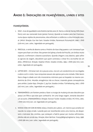 anExo 1: indicaçõEs dE filmEs/vídEos, livros E sitEs

filmES/víDEoS:

 1. MIlK - A voz da igualdade é uma história real dos anos 70. Narra a vida de Harvey Milk (Sean
    Penn) com seu namorado Scott (James Franco). Quando se mudam para San Francisco,
    numa época repleta de preconceitos, eles enfrentam a violência e a discriminação sexu-
    al. (MILK. Direção: Gus Van Sant. Estados Unidos: Paramount Pictures/UIP, 2008. 1 DVD
    (128 min.) son. color., legendado em português).


 2. PRISCIllA, a rainha do deserto conta a história de duas drag queens e um transexual que
    viajam para fazer um show. Eles partem de Sydney a bordo de Priscilla, um ônibus muito
    especial, e enfrentam o deserto australiano. Quando chegam a seu destino, após sofrer
    as agruras da viagem, descobrem que quem contratou o show foi a ex-mulher de um
    deles. (PRISCILLA. Direção: Stephan Elliott. Estados Unidos, 1994. 1 DVD (104 min.) son.
    color., legendado em português).
                                                                                                   39

 3. lATTER DAYS – Christian tem 20 e poucos anos, vive em um condomínio em Los Angeles
    e adora curtir a noite. Suas conquistas sexuais são apenas para uma noitada. Elder Aaron
    Davis chega à cidade com três missionários mórmons para se hospedar no mesmo con-
    domínio de Chris. Mundos antagônicos irão se chocar, trazendo graves consequências
    para ambos. (Latter days. Direção: C. Jay Cox. Estados Unidos: TLA Releasing, 2003. 1 DVD
    (107 min.) son. color., legendado em português.)


 4. TRANSAMÉRICA: um homem prestes a fazer a cirurgia de mudança de sexo descobre que
    possui um filho e que este quer conhecê-lo. Em uma longa viagem, tentarão descobrir
    um ao outro. (TRANSAMÉRICA. Direção: Duncan Tucker. Estados Unidos: IFC Films, 2005.
    1 DVD (103 min) son. cor. legendado em português).


 5. MINHA VIDA EM COR-DE-ROSA relata a história de Ludovic, um menino que acredita ter
    nascido no corpo errado. Lutando para ser reconhecido como uma menina, ele desper-
    tará o mal-estar dos vizinhos, que começam a fazê-lo passar por muitos sofrimentos.
    (Minha vida em cor-de-rosa. Direção: Alain Berliner. França/Bélgica/Inglaterra: Sony, 1998.
    1 DVD (88 min.) son. color., legendado em português).
 