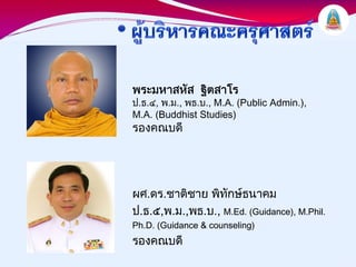 พระมหาสหัส ฐิตสาโร
ป.ธ.๔, พ.ม., พธ.บ., M.A. (Public Admin.),
M.A. (Buddhist Studies)
รองคณบดี




ผศ.ดร.ชาติชาย พิทักษธนาคม
ป.ธ.๕,พ.ม.,พธ.บ., M.Ed. (Guidance), M.Phil.
Ph.D. (Guidance & counseling)
รองคณบดี
 
