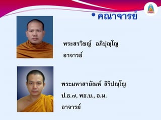 พระสรวิชญ อภิปุฺโญ
อาจารย


พระมหาสายัณห สิริปฺโญ
ป.ธ.๗, พธ.บ., อ.ม.
อาจารย
 