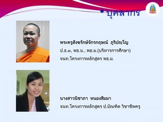 พระครูสงฆรักษจกรกฤษณ ภูริปฺโญ
       ั       ั
ป.ธ.๓, พธ.บ., พธ.ม.(บริหารการศึกษา)
จนท.โครงการหลักสูตร พธ.ม.




นางสาวนิชาภา หนองสิมมา
จนท.โครงการหลักสูตร ป.บัณฑิต วิชาชีพครู
 