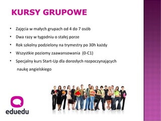 •   Zajęcia w małych grupach od 4 do 7 osób
•   Dwa razy w tygodniu o stałej porze
•   Rok szkolny podzielony na trymestry po 30h każdy
•   Wszystkie poziomy zaawansowania (0-C1)
•   Specjalny kurs Start-Up dla dorosłych rozpoczynających
    naukę angielskiego
 