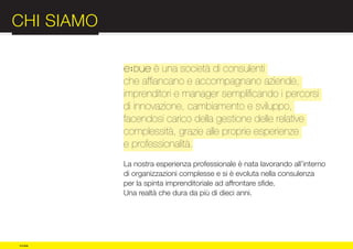 CHI SIAMO                                                       :012

            		è una società di consulenti
            che affiancano e accompagnano aziende,


COMPANY     imprenditori e manager semplificando i percorsi
            di innovazione, cambiamento e sviluppo,
            facendosi carico della gestione delle relative

PROFILE     complessità, grazie alle proprie esperienze
            e professionalità.
            La nostra esperienza professionale è nata lavorando all’interno
            di organizzazioni complesse e si è evoluta nella consulenza
            per la spinta imprenditoriale ad affrontare sfide.
            Una realtà che dura da più di dieci anni.




© e:due
 