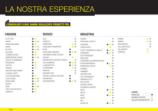LA NOSTRA ESPERIENZA                                                                            :012
I CONSULENTI E:DUE HANNO REALIZZATO PROGETTI PER


FASHION                    SERVIZI                     INDUSTRIA




  COMPANY
À LA FOIS                   ACLI                       ALESSI                    SIMAM
AEFFE                       ADECCO                     ARTSANA CHICCO            SIMEM
ANNA MOLINARI               AGRIFOOD                   CASAPPA                   SOLSONICA
BARK                        CAVALIERI TRASPORTI        CAVICCHIOLI               TELLURE ROTA
BLUFIN                      ELPE                       COOP CERAMICA D’IMOLA     VALUEPART




  PROFILE
BLUGIRL                     FACCIAMO ADESSO            CRAMARO                   VERINOX
COMING SOON                 GIOVANNI ROSSI STUDIO      ELETTRONDATA
DIMENSIONE DANZA            GOLAB                      ENICHEM
DOLCE & GABBANA             INTERPORTO SERVIZI CARGO   FONDERIE COOPERATIVE MO
FIXDESIGN                   LES GOMINES                FONTANAFREDDA
GOTHA                       LUNGAROTTA                 FRANCHINI YACHT
GRACE                       OLTREMARE                  FRANKE
GRUPPO MAX MARA             PANTHA                     GAMBRO
LIVIANA CONTI               SESAMO SPA                 GRUPPO FINI
LOVE MOSCHINO               STUDIO LEGALE SALARDI      LEA CERAMICHE
LUCA RODA                   VARGROUP                   PARMACOTTO
MOSCHINO                    VERONAFIERE                PELLICONI
RILIEVI                                                PIAGGIO AERO
SINV                                                   POLIMERI EUROPA
TWO ITALIAN BOYS                                       SELE
VIDIEFFE                                               SELTA                                    LEGENDA
                                                       SIAS                                     MARKETING
                                                       SIDEL                                    BUSINESS STRATEGY

                                                       SIG                                      SVILUPPO ORGANIZZATIVO

                                                       SILVELOX


   © e:due
 