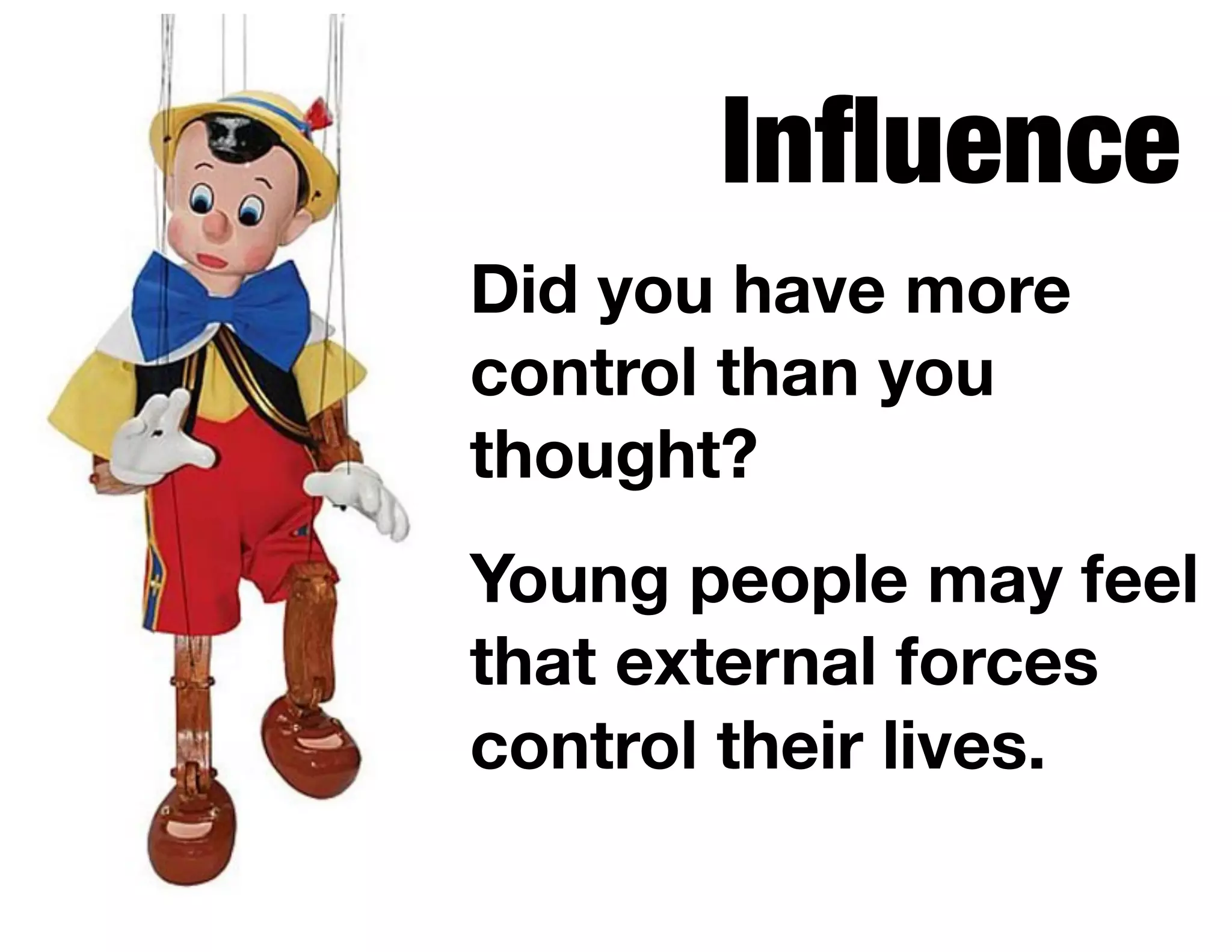 Inﬂuence
Did you have more
control than you
thought?
Young people may feel
that external forces
control their lives.
 
