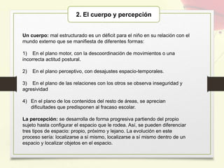 Un cuerpo: mal estructurado es un déficit para el niño en su relación con el
mundo externo que se manifiesta de diferentes formas:
1) En el plano motor, con la descoordinación de movimientos o una
incorrecta actitud postural.
2) En el plano perceptivo, con desajustes espacio-temporales.
3) En el plano de las relaciones con los otros se observa inseguridad y
agresividad
4) En el plano de los contenidos del resto de áreas, se aprecian
dificultades que predisponen al fracaso escolar.
La percepción: se desarrolla de forma progresiva partiendo del propio
sujeto hasta configurar el espacio que le rodea. Así, se pueden diferenciar
tres tipos de espacio: propio, próximo y lejano. La evolución en este
proceso sería: localizarse a sí mismo, localizarse a sí mismo dentro de un
espacio y localizar objetos en el espacio.
2. El cuerpo y percepción
 