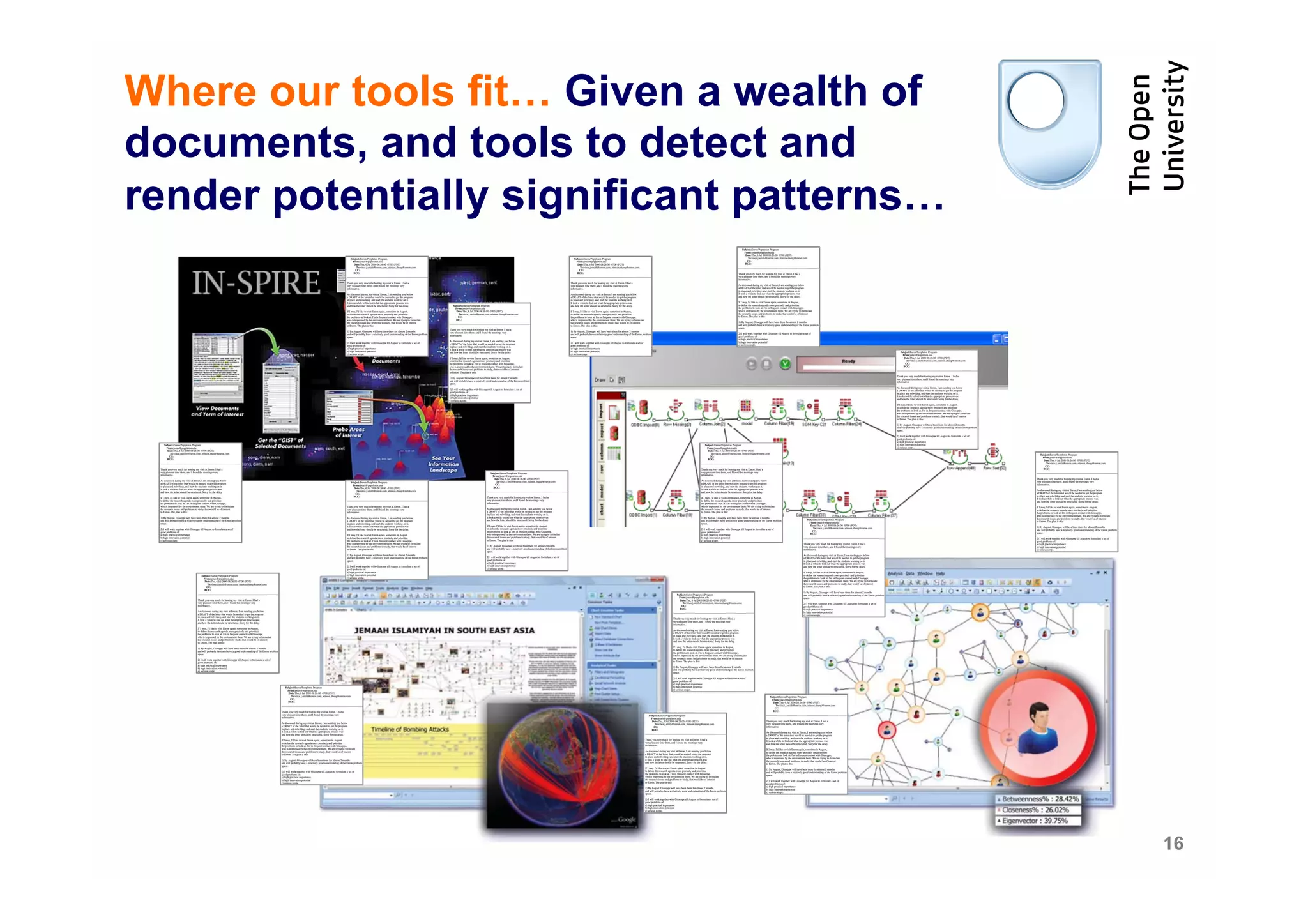 Where our tools fit… Given a wealth of
documents, and tools to detect and
render potentially significant patterns…




                                           16
 