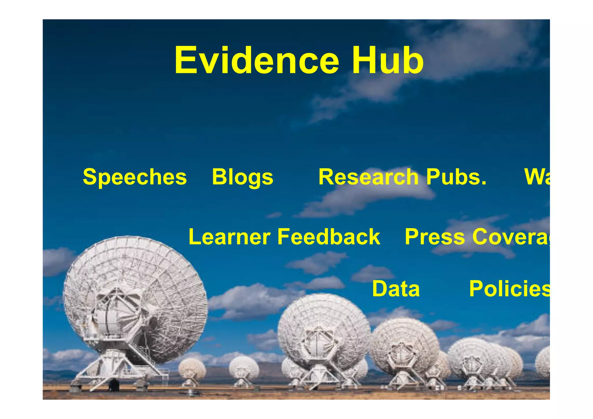 Evidence Hub

Speeches    Blogs    Research Pubs.     War St

           Learner Feedback   Press Coverage

                          Data     Policies    .


                                        28
 