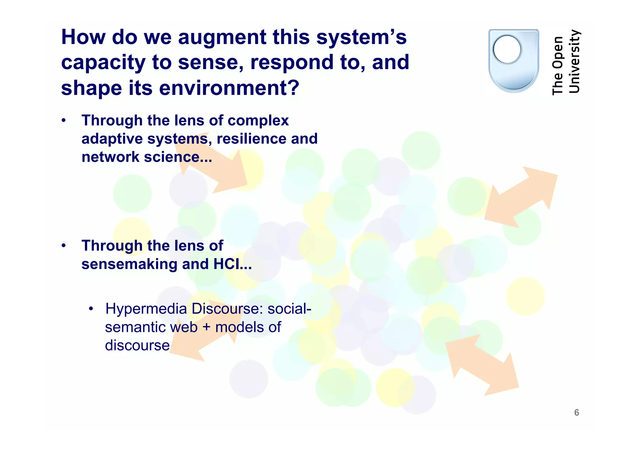 How do we augment this system’s
capacity to sense, respond to, and
shape its environment?
•  Through the lens of complex
   adaptive systems, resilience and
   network science...




•  Through the lens of
   sensemaking and HCI...

   •  Hypermedia Discourse: social-
      semantic web + models of
      discourse



                                      6
 
