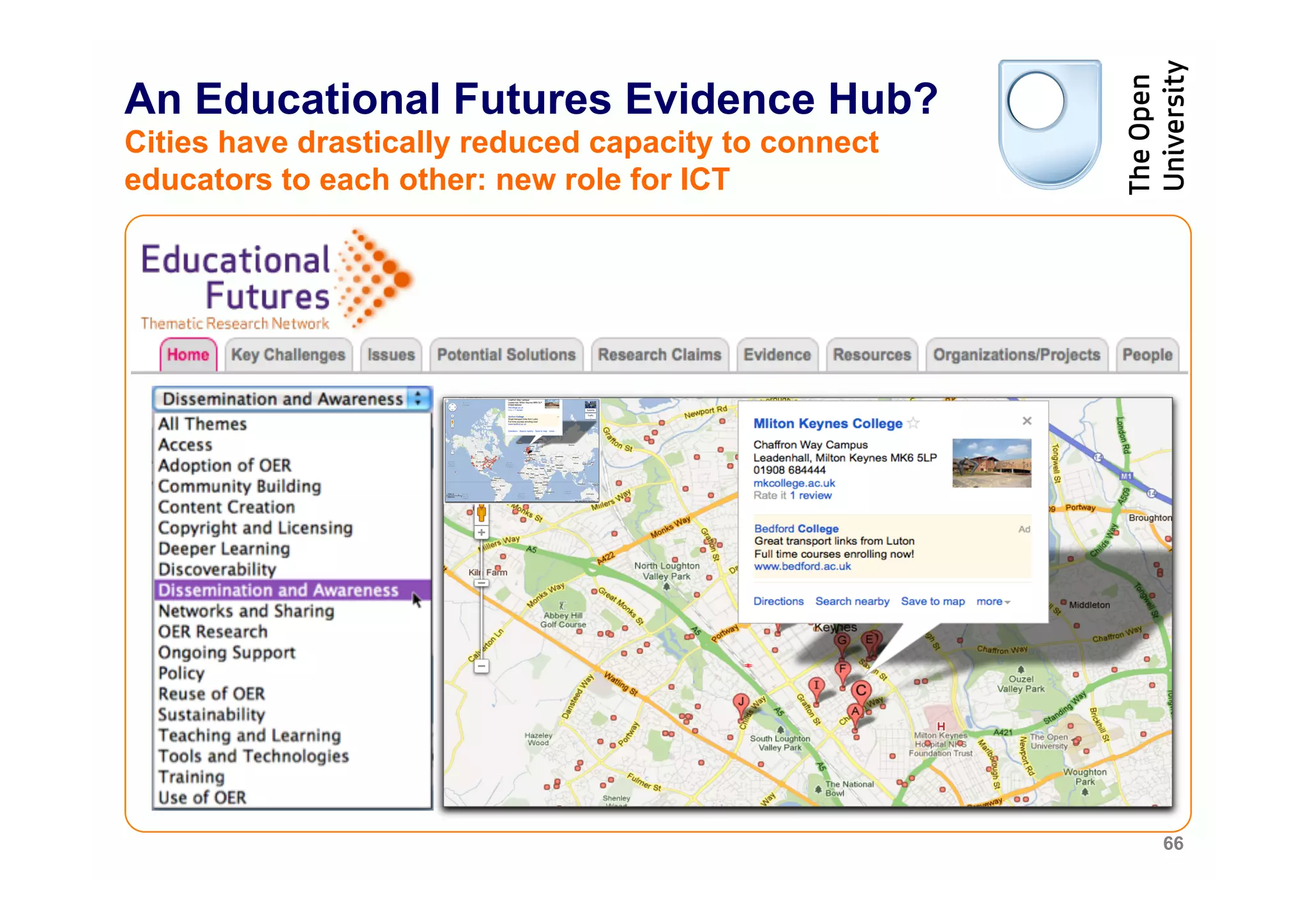 An Educational Futures Evidence Hub?
Cities have drastically reduced capacity to connect
educators to each other: new role for ICT




                                                      66
 