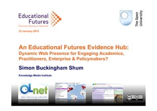 Educational
   Futures
Thematic Research Network
                      ork

23 January 2012




An Educational Futures Evidence Hub:
Dynamic Web Presence for Engaging Academics,
Practitioners, Enterprise & Policymakers?

Simon Buckingham Shum
Knowledge Media Institute




                                               1
 