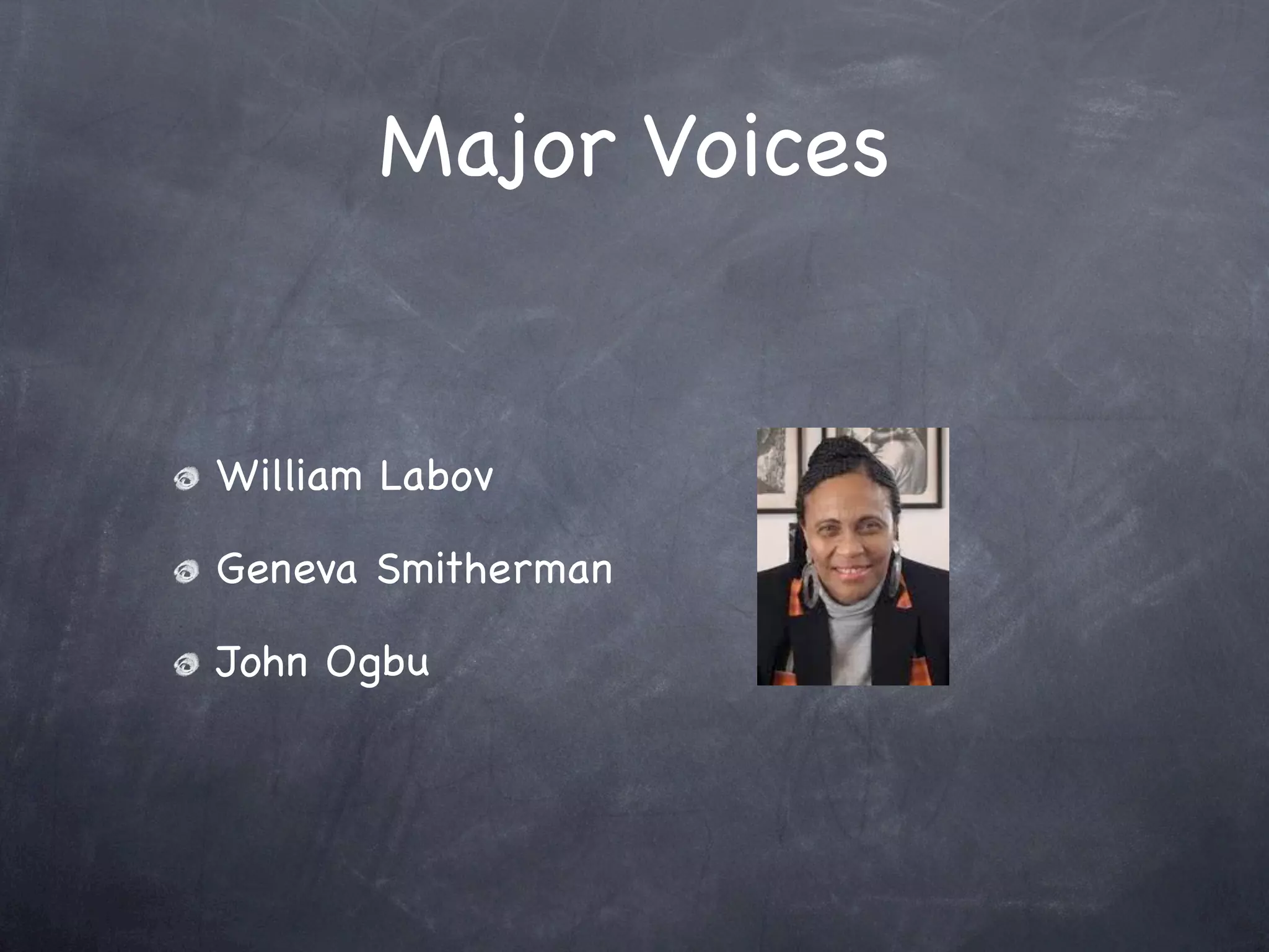 Major Voices


William Labov

Geneva Smitherman

John Ogbu
 