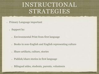 INSTRUCTIONAL
STRATEGIES
Primary Language important
Support by:
Environmental Print from first language
Books in non-English and English representing culture
Share artifacts, culture, stories
Publish/share stories in first language
Bilingual aides, students, parents, volunteers
 