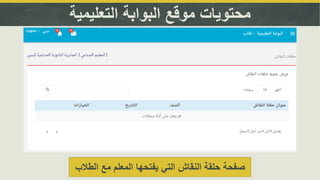‫التعليمية‬ ‫البوابة‬ ‫موقع‬ ‫محتويات‬
‫ال‬ ‫مع‬ ‫المعلم‬ ‫يفتحها‬ ‫التي‬ ‫النقاش‬ ‫حلقة‬ ‫صفحة‬‫طالب‬
 