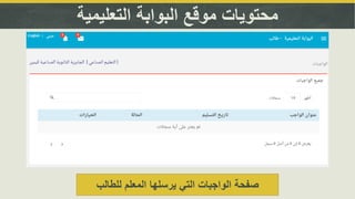 ‫التعليمية‬ ‫البوابة‬ ‫موقع‬ ‫محتويات‬
‫للطالب‬ ‫المعلم‬ ‫يرسلها‬ ‫التي‬ ‫الواجبات‬ ‫صفحة‬
 
