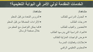 ‫التعليمية‬ ‫البوابة‬ ‫في‬ ‫األمر‬ ‫لولي‬ ‫المقدمة‬ ‫الخدمات‬‫؟‬
‫مشاهدة‬:
‫للطالب‬ ‫الدراسي‬ ‫الجدول‬
‫الطالب‬ ‫درجات‬
‫للطالب‬ ‫والغياب‬ ‫الحضور‬
‫الطا‬ ‫يدرسها‬ ‫التي‬ ‫الدراسية‬ ‫المواد‬‫لب‬
‫للطالب‬ ‫المنزلية‬ ‫الواجبات‬ ‫عرض‬
‫المدرسة‬ ‫وفعاليات‬ ‫إعالنات‬
‫الرقمي‬ ‫التعليمي‬ ‫المحتوى‬
‫مشاهدة‬:
‫المعلم‬ ‫قبل‬ ‫من‬ ‫عدة‬ُ‫م‬‫ال‬ ‫الدروس‬
‫اإلثراءات‬‫المعلم‬ ‫قبل‬ ‫من‬ ‫المضافة‬
‫من‬ ‫المعلم‬ ‫مع‬ ‫التواصل‬ ‫يمكن‬ ‫كما‬
‫الرسائل‬ ‫صفحة‬ ‫خالل‬
 