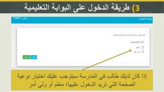 3)‫التعليمية‬ ‫البوابة‬ ‫على‬ ‫الدخول‬ ‫طريقة‬
‫نو‬ ‫اختيار‬ ‫عليك‬ ‫سيتوجب‬ ‫المدرسة‬ ‫في‬ ‫طالب‬ ‫لديك‬ ‫كان‬ ‫إذا‬‫عية‬
‫أمر‬ ‫ولي‬ ‫أو‬ ‫معلم‬ ‫عليها؛‬ ‫الدخول‬ ‫تريد‬ ‫التي‬ ‫الصفحة‬
 