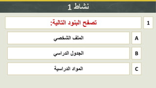 ‫نشاط‬1
1‫التالية‬ ‫البنود‬ ‫تصفح‬:
A‫الشخصي‬ ‫الملف‬
B‫الدراسي‬ ‫الجدول‬
C‫الدراسية‬ ‫المواد‬
 