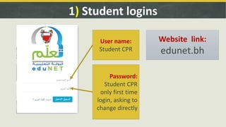 1) Student logins
User name:
Student CPR
Website link:
edunet.bh
Password:
Student CPR
only first time
login, asking to
change directly
 