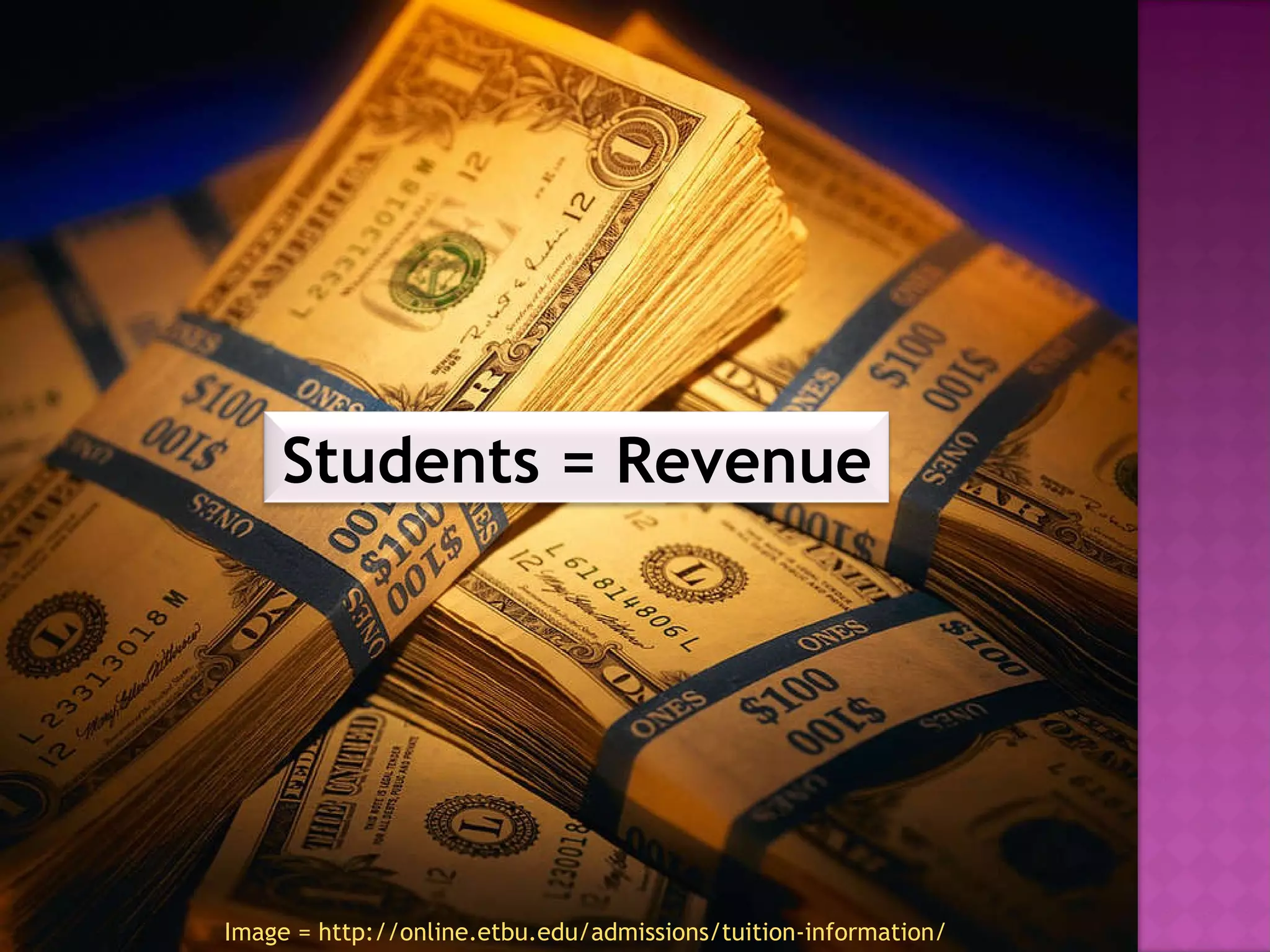 Image = http://online.etbu.edu/admissions/tuition-information/ Students = Revenue 