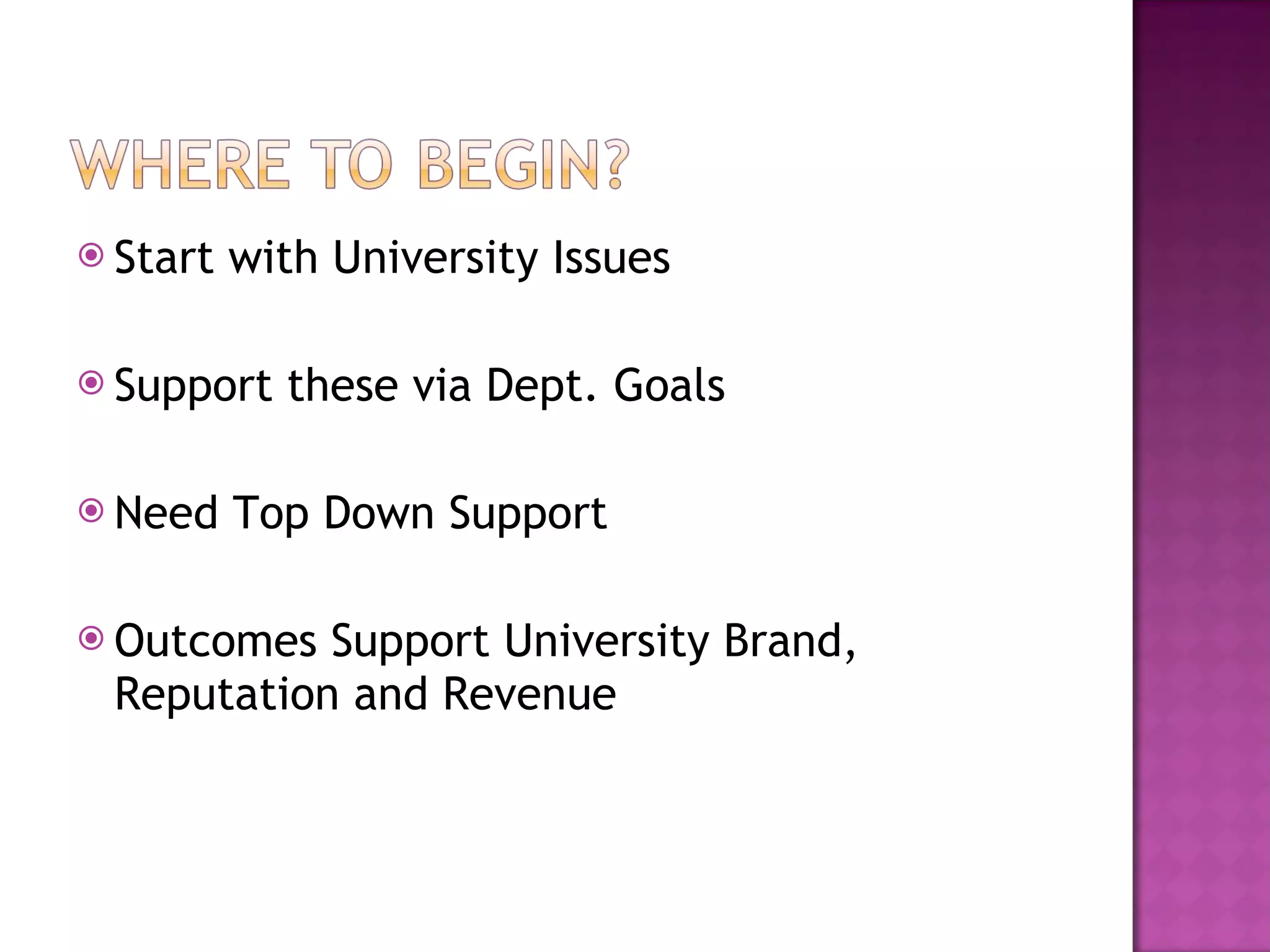 Start with University Issues Support these via Dept. Goals Need Top Down Support Outcomes Support University Brand, Reputation and Revenue 