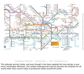 http://shop.tfl.gov.uk/SiteData/Root/PrintShop/underground_map.gif
               The Minimum Viable Web | Kristofer Layon | edUi — September 25, 2012

The redesign persists today, and even though it has been updated the core design is very
much unchanged. Moreover, the London Underground map has become the template for all
nearly other mass transit maps in production today around the world.
 