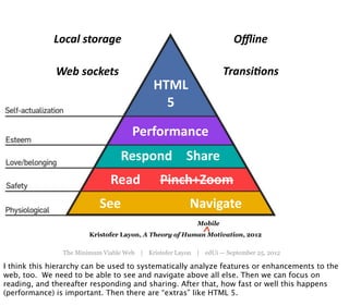 Local	
  storage                                        Oﬄine

              Web	
  sockets                                       Transi'ons
                                            HTML
                                              5

                                     Performance
                                  Respond Share
                              Read            Pinch+Zoom
                           See                         Navigate
                                                          Mobile
                        Kristofer Layon, A Theory of Human Motivation, 2012

                The Minimum Viable Web | Kristofer Layon | edUi — September 25, 2012

I think this hierarchy can be used to systematically analyze features or enhancements to the
web, too. We need to be able to see and navigate above all else. Then we can focus on
reading, and thereafter responding and sharing. After that, how fast or well this happens
(performance) is important. Then there are “extras” like HTML 5.
 
