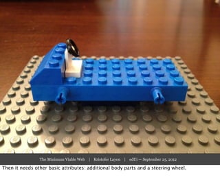 The Minimum Viable Web | Kristofer Layon | edUi — September 25, 2012

Then it needs other basic attributes: additional body parts and a steering wheel.
 
