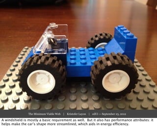The Minimum Viable Web | Kristofer Layon | edUi — September 25, 2012

A windshield is mostly a basic requirement as well. But it also has performance attributes: it
helps make the car’s shape more streamlined, which aids in energy efficiency.
 