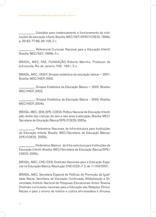 __________. Subsídios para credenciamento e funcionamento de insti-
tuições de educação infantil. Brasília: MEC/SEF/DPEF/COEDI, 1998a,
p. 35-63, 77-86, 95-108, 2 v.
__________. Referencial Curricular Nacional para a Educação Infantil.
Brasília: MEC/SEF, 1998b. 3 v.
BRASIL, MEC, FAE; FUNDAÇÃO Roberto Marinho. Professor da
pré-escola. Rio de Janeiro: FAE, 1991, 2 v.
BRASIL, MEC, /INEP. Sinopse estatística da educação básica — 2001.
Brasília: MEC/INEP, 2002.
__________. Sinopse Estatística da Educação Básica — 2002. Brasília:
MEC/INEP, 2003.
__________. Sinopse Estatística da Educação Básica - 2003. Brasília:
MEC/INEP, 2004a.
BRASIL, MEC, SEB, DPE, COEDI. Política Nacional de Educação Infantil:
pelo direito das crianças de zero a seis anos à educação. Brasília: MEC/
Secretaria de Educação Básica/DPE/COEDI, 2005a.
__________. Parâmetros Nacionais de Infra-estrutura para Instituições
de Educação Infantil. Brasília: MEC/Secretaria de Educação Básica/
DPE/COEDI, 2005b.
__________. Parâmetros Básicos de Infra-estrutura para Instituições de
Educação Infantil. Brasília: MEC/Secretaria de Educação Básica/DPE/
COEDI, 2005c.
BRASIL, MEC, CNE/CEB. Diretrizes Nacionais para a Educação Espe-
cial na Educação Básica. Resolução CNE/CEB n° 2, de 11/09/2001.
BRASIL, MEC, Secretaria Especial de Políticas de Promoção da Igual-
dade Racial, Secretaria de Educação Continuada, Alfabetização e Di-
versidade, Instituto Nacional de Pesquisas Educacionais Anísio Teixeira.
Diretrizes curriculares nacionais para a Educação das Relações Étnico-
Raciais e para o ensino de história e cultura afro-brasileira e africana.
52
Parâmetros Nacionais de Qualidade para a Educação Infantil - Volume 2
 