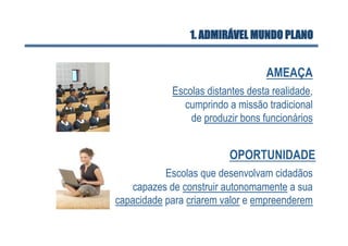 1. ADMIRÁVEL MUNDO PLANO


                                  AMEAÇA
            Escolas distantes desta realidade,
              cumprindo a missão tradicional
                de produzir bons funcionários


                         OPORTUNIDADE
           Escolas que desenvolvam cidadãos
   capazes de construir autonomamente a sua
capacidade para criarem valor e empreenderem
 