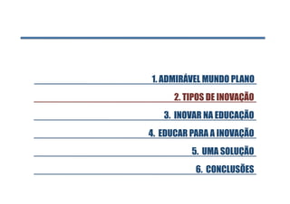 1. ADMIRÁVEL MUNDO PLANO 
      2. TIPOS DE INOVAÇÃO
   3. INOVAR NA EDUCAÇÃO
4. EDUCAR PARA A INOVAÇÃO
          5. UMA SOLUÇÃO
           6. CONCLUSÕES
 
