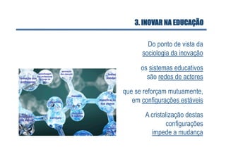3. INOVAR NA EDUCAÇÃO

        Do ponto de vista da
      sociologia da inovação

      os sistemas educativos
        são redes de actores
que se reforçam mutuamente,
   em configurações estáveis
       A cristalização destas
               configurações
         impede a mudança
 