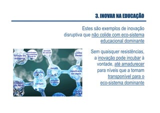 3. INOVAR NA EDUCAÇÃO

          Estes são exemplos de inovação
disruptiva que não colide com eco-sistema
                   educacional dominante

             Sem quaisquer resistências,
              a inovação pode incubar à
               vontade, até amadurecer
               para níveis que a tornam
                     transponível para o
                  eco-sistema dominante
 