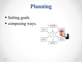 Planning
 Setting goals
 composing ways.
 
