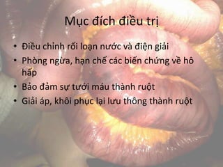 Mục đích điều trị
• Điều chỉnh rối loạn nước và điện giải
• Phòng ngừa, hạn chế các biến chứng về hô
hấp
• Bảo đảm sự tưới máu thành ruột
• Giải áp, khôi phục lại lưu thông thành ruột
 
