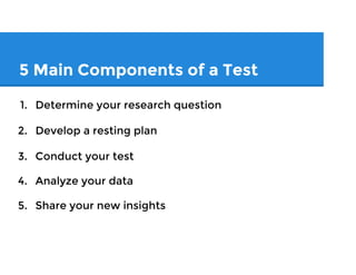 5 Main Components of a Test
1. Determine your research question
2. Develop a testing plan
3. Conduct your test
4. Analyze your data
5. Share your new insights
 