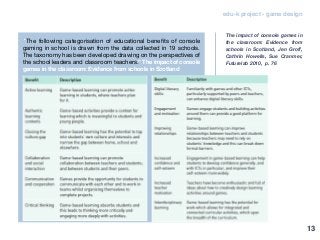 edu-k project - game design
“The following categorisation of educational benefits of console
gaming in school is drawn from the data collected in 19 schools.
The taxonomy has been developed drawing on the perspectives of
the school leaders and classroom teachers.” The impact of console
games in the classroom: Evidence from schools in Scotland
The impact of console games in
the classroom: Evidence from
schools in Scotland, Jen Groff,
Cathrin Howells, Sue Cranmer,
Futurelab 2010, p. 76
13
 