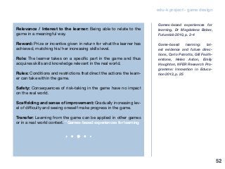 edu-k project - game design
Relevance / Interest to the learner: Being able to relate to the
game in a meaningful way.
Reward: Prize or incentive given in return for what the learner has
achieved, matching his/ her increasing skills level.
Role: The learner takes on a specific part in the game and thus
acquires skills and knowledge relevant in the real world.
Rules: Conditions and restrictions that direct the actions the learn-
er can take within the game.
Safety: Consequences of risk-taking in the game have no impact
on the real world.
Scaffolding and sense of improvement: Gradually increasing lev-
el of difficulty and seeing oneself make progress in the game.
Transfer: Learning from the game can be applied in other games
or in a real world context.” Games-based experiences for learning
Games-based experiences for
learning, Dr Magdalena Bober,
Futurelab 2010, p. 3-4
Game-based learning: lat-
est evidence and future direc-
tions, Carlo Perrotta, Gill Feath-
erstone, Helen Aston, Emily
Houghton, NFER Research Pro-
gramme: Innovation in Educa-
tion 2013, p. 25
52
 