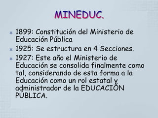    1899: Constitución del Ministerio de
    Educación Pública
   1925: Se estructura en 4 Secciones.
   1927: Este año el Ministerio de
    Educación se consolida finalmente como
    tal, considerando de esta forma a la
    Educación como un rol estatal y
    administrador de la EDUCACIÓN
    PÚBLICA.
 