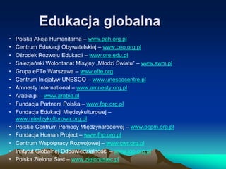 Edukacja globalna
•
•
•
•
•
•
•
•
•
•
•
•
•
•
•

Polska Akcja Humanitarna – www.pah.org.pl
Centrum Edukacji Obywatelskiej – www.ceo.org.pl
Ośrodek Rozwoju Edukacji – www.ore.edu.pl
Salezjański Wolontariat Misyjny „Młodzi Światu” – www.swm.pl
Grupa eFTe Warszawa – www.efte.org
Centrum Inicjatyw UNESCO – www.unescocentre.pl
Amnesty International – www.amnesty.org.pl
Arabia.pl – www.arabia.pl
Fundacja Partners Polska – www.fpp.org.pl
Fundacja Edukacji Międzykulturowej –
www.miedzykulturowa.org.pl
Polskie Centrum Pomocy Międzynarodowej – www.pcpm.org.pl
Fundacja Human Project – www.fhp.org.pl
Centrum Współpracy Rozwojowej – www.cwr.org.pl
Instytut Globalnej Odpowiedzialności – www.igo.org.pl
Polska Zielona Sieć – www.zielonasiec.pl

 